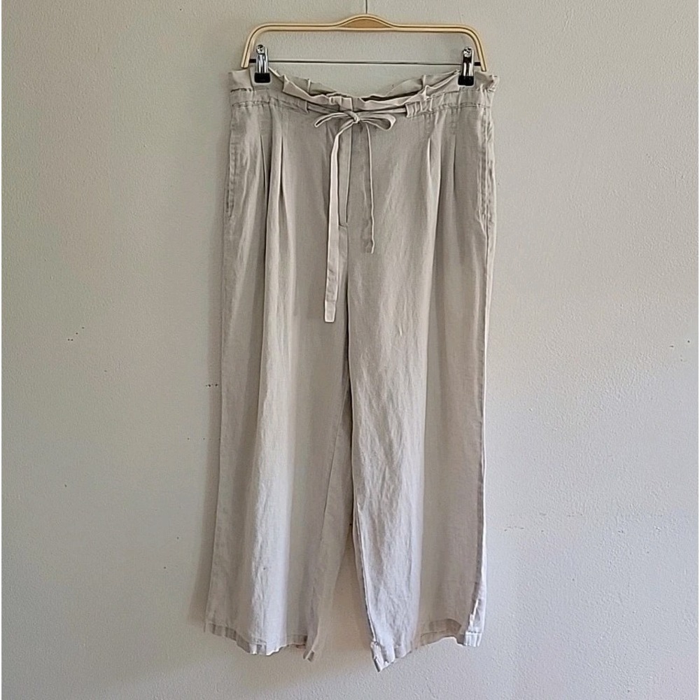 Tahari Linen Paperbag Pants Beige Pleated Wide Leg Beachy Boho Coastal Lagenlook